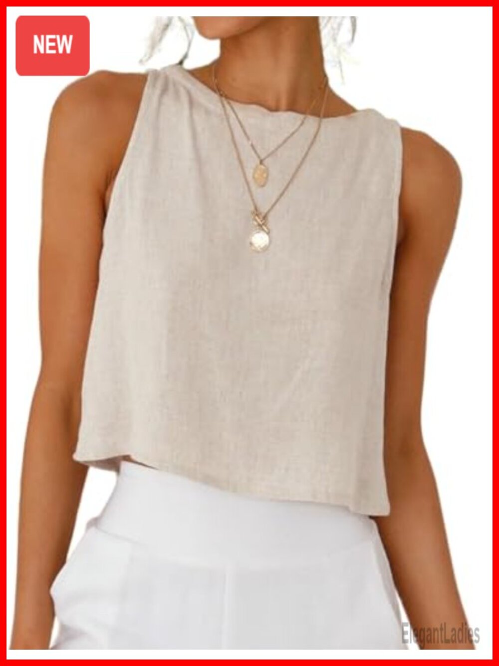 Womens Linen Blend Crop Tank Top Sleeveless High Neck Casual Summer